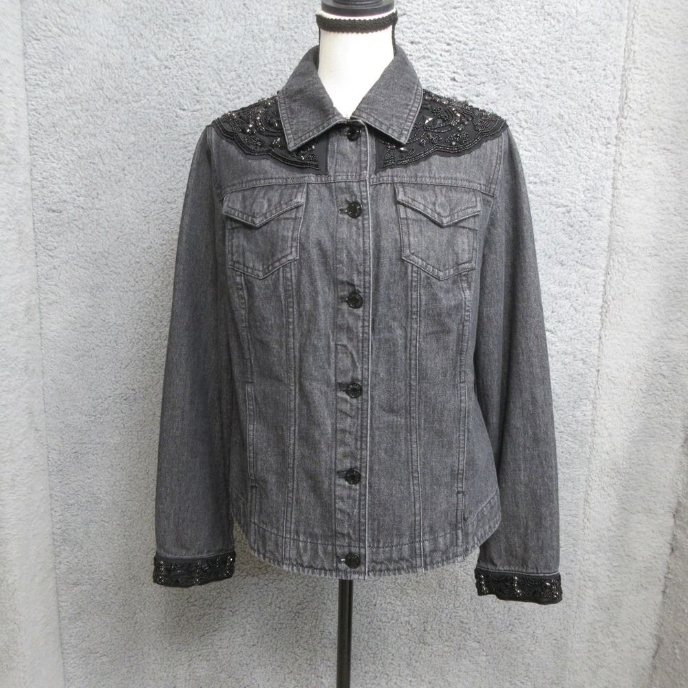 Chicos Womens M 8 10 Black Beaded Sequin Denim Jacket Paisley Western Gothic